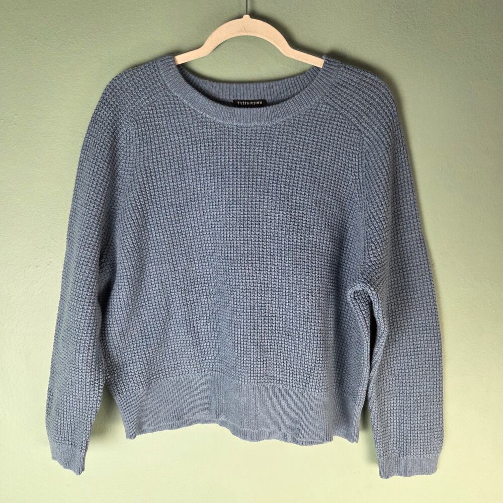 Eileen Fisher Womens Sweater Medium Blue Waffle Knit Organic Cotton Cashmere